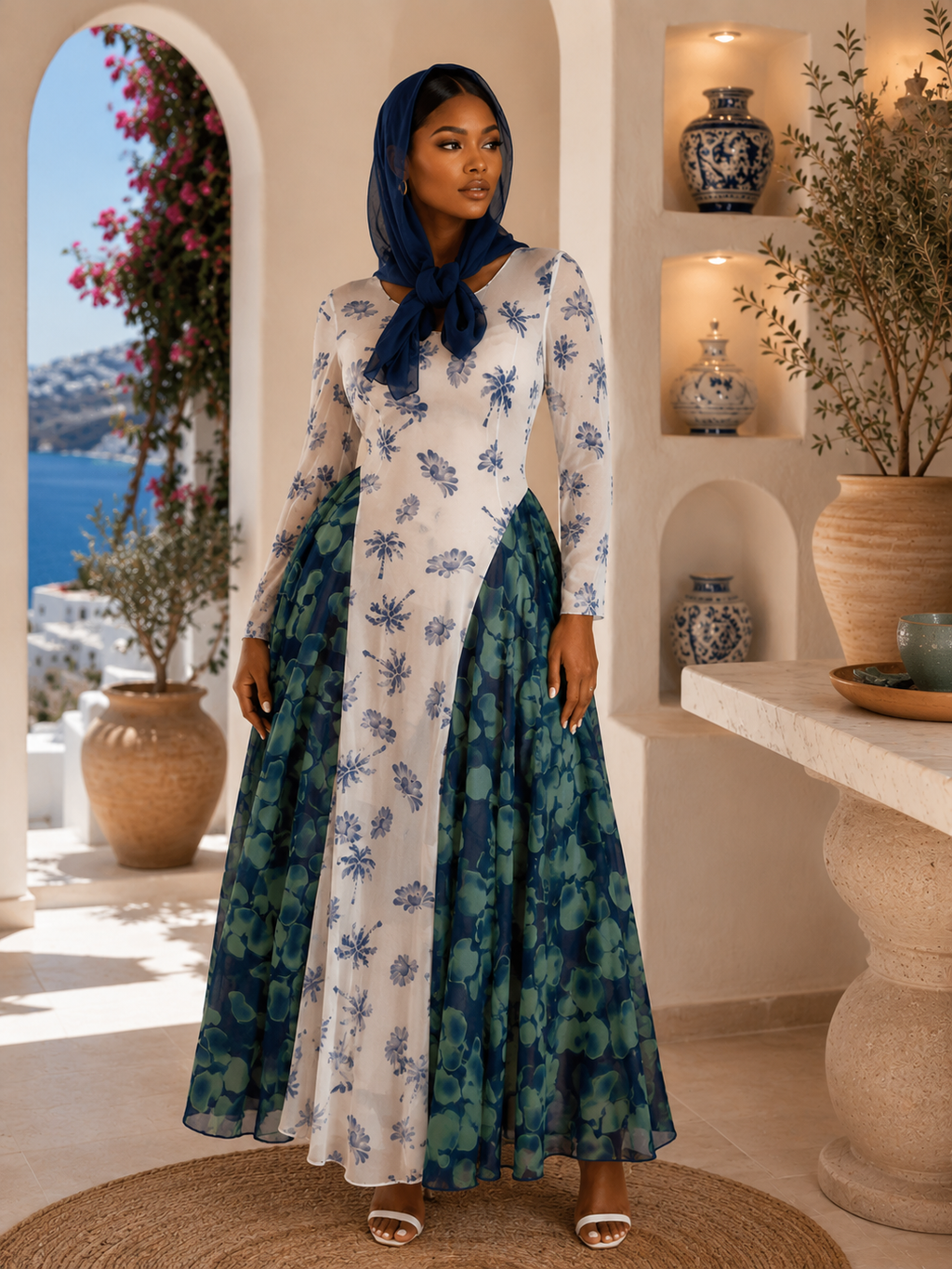 IMPERIALE Santorini Bloom Luxe Maxi Dress & Scarf Set