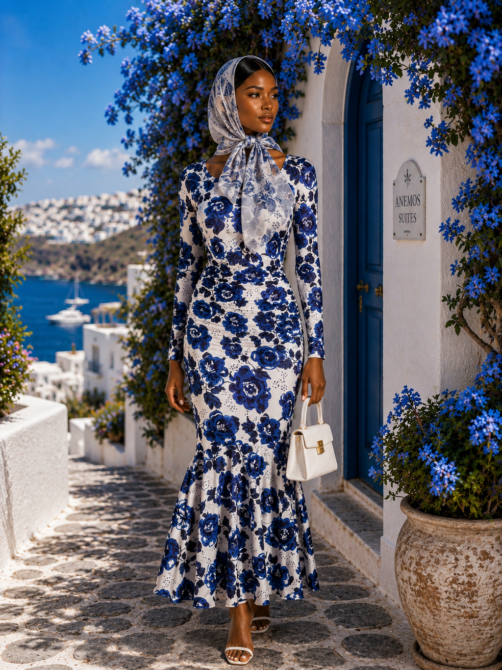 IMPERIALE Santorini Bloom Mermaid Dress & Scarf Set - Large