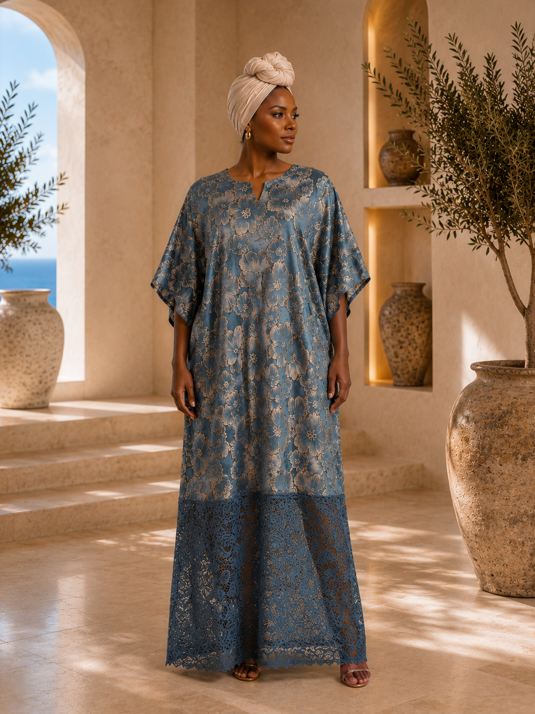 IMPERIALE Azure Bloom Luxury Floral Kaftan - One Size