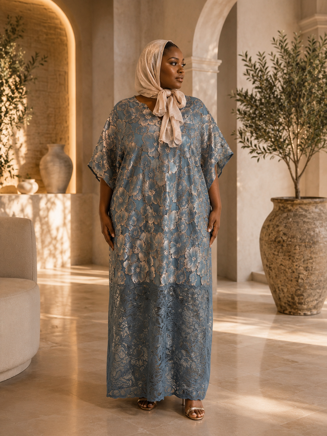 IMPERIALE Azure Bloom Luxury Floral Kaftan - One Size