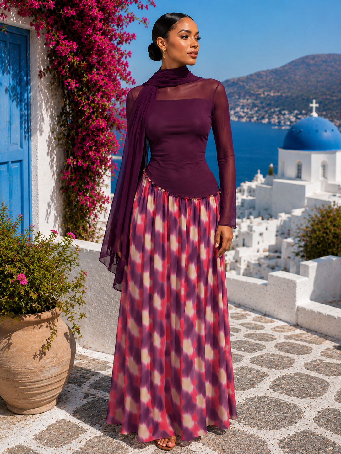 IMPERIALE Royal Orchid Printed Maxi Dress & Chiffon Scarf Set