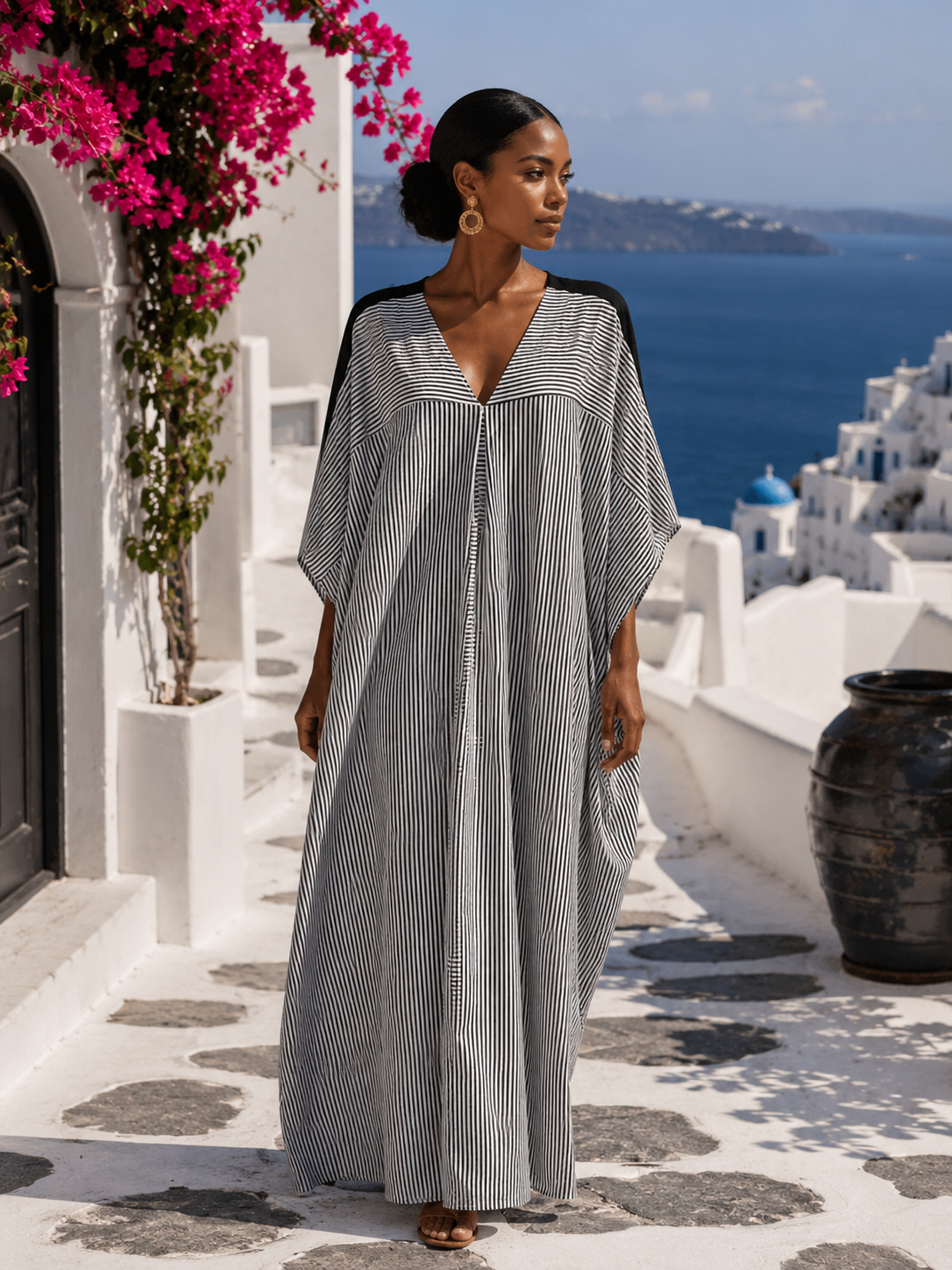 IMPERIALE Santorini Noir Striped Resort Kaftan - Large