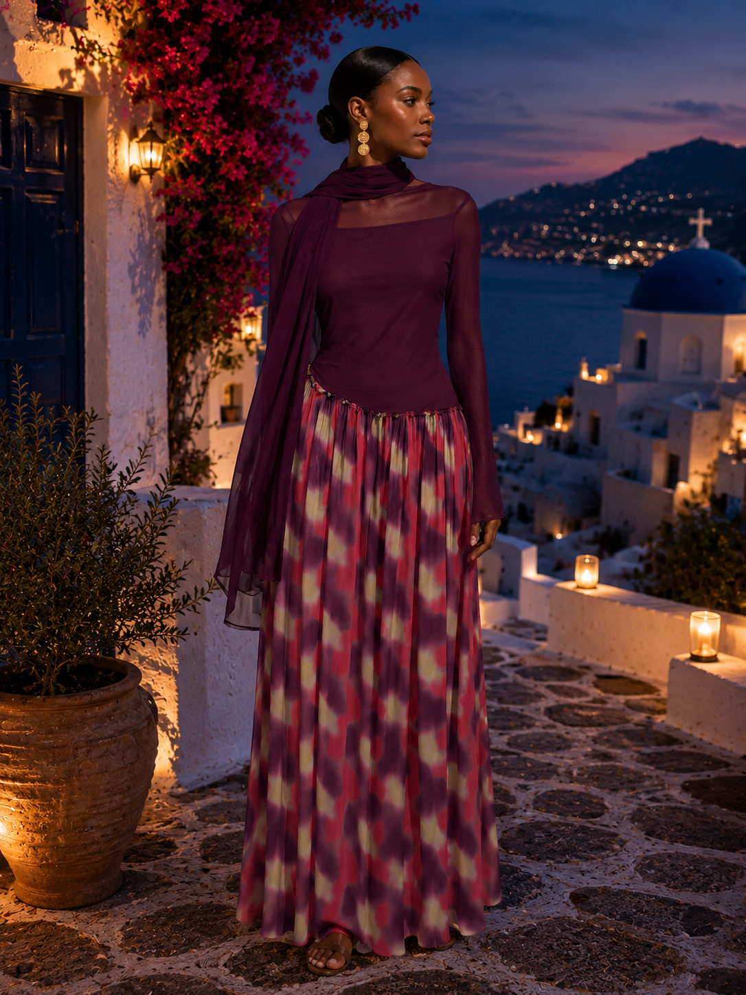 IMPERIALE Royal Orchid Printed Maxi Dress & Chiffon Scarf Set