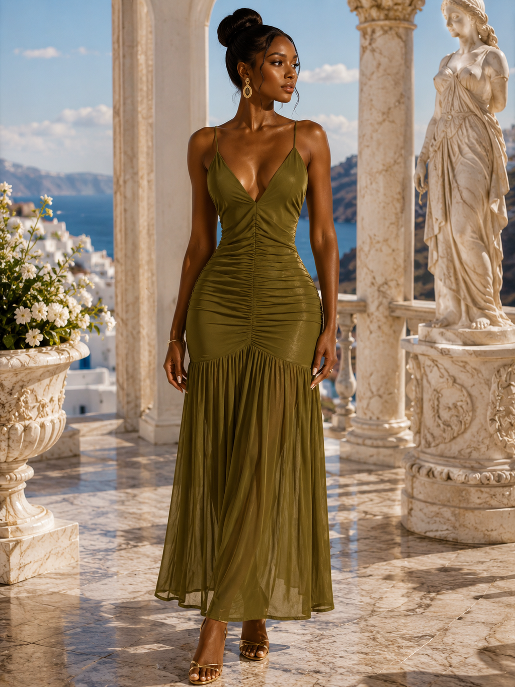 IMPERIALE Olive Goddess Ruched Chiffon Maxi Dress