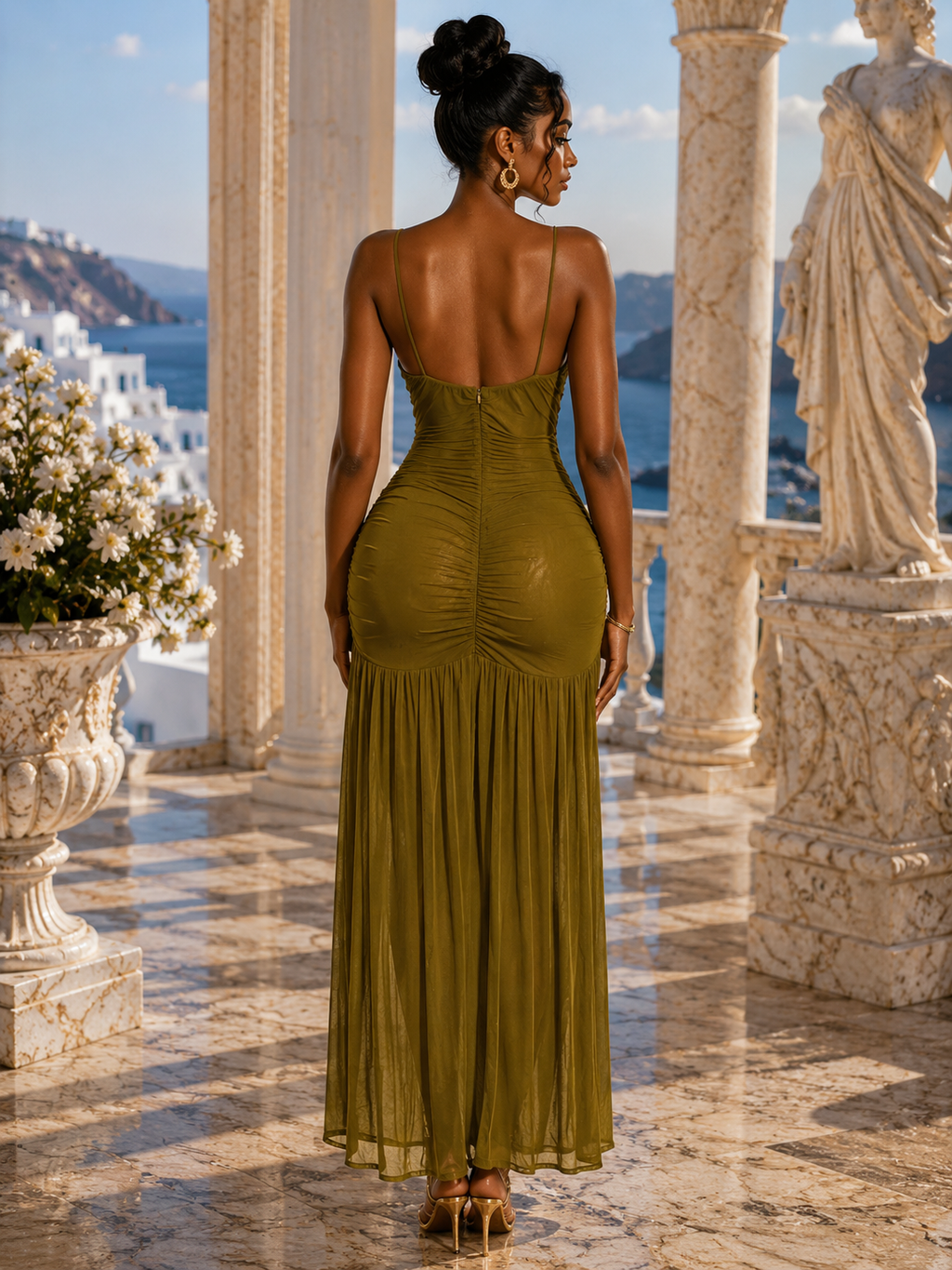 IMPERIALE Olive Goddess Ruched Chiffon Maxi Dress