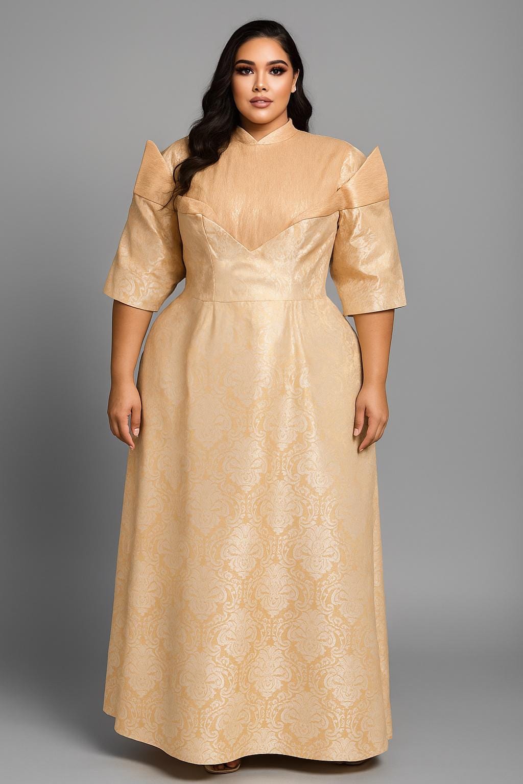 ÒRÈKE Brocade Regal Gown – Peach Gold Sculpted Elegance (2X–3X) Plus Size Edition