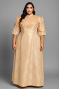 ÒRÈKE Brocade Regal Gown – Peach Gold Sculpted Elegance (2X–3X) Plus Size Edition
