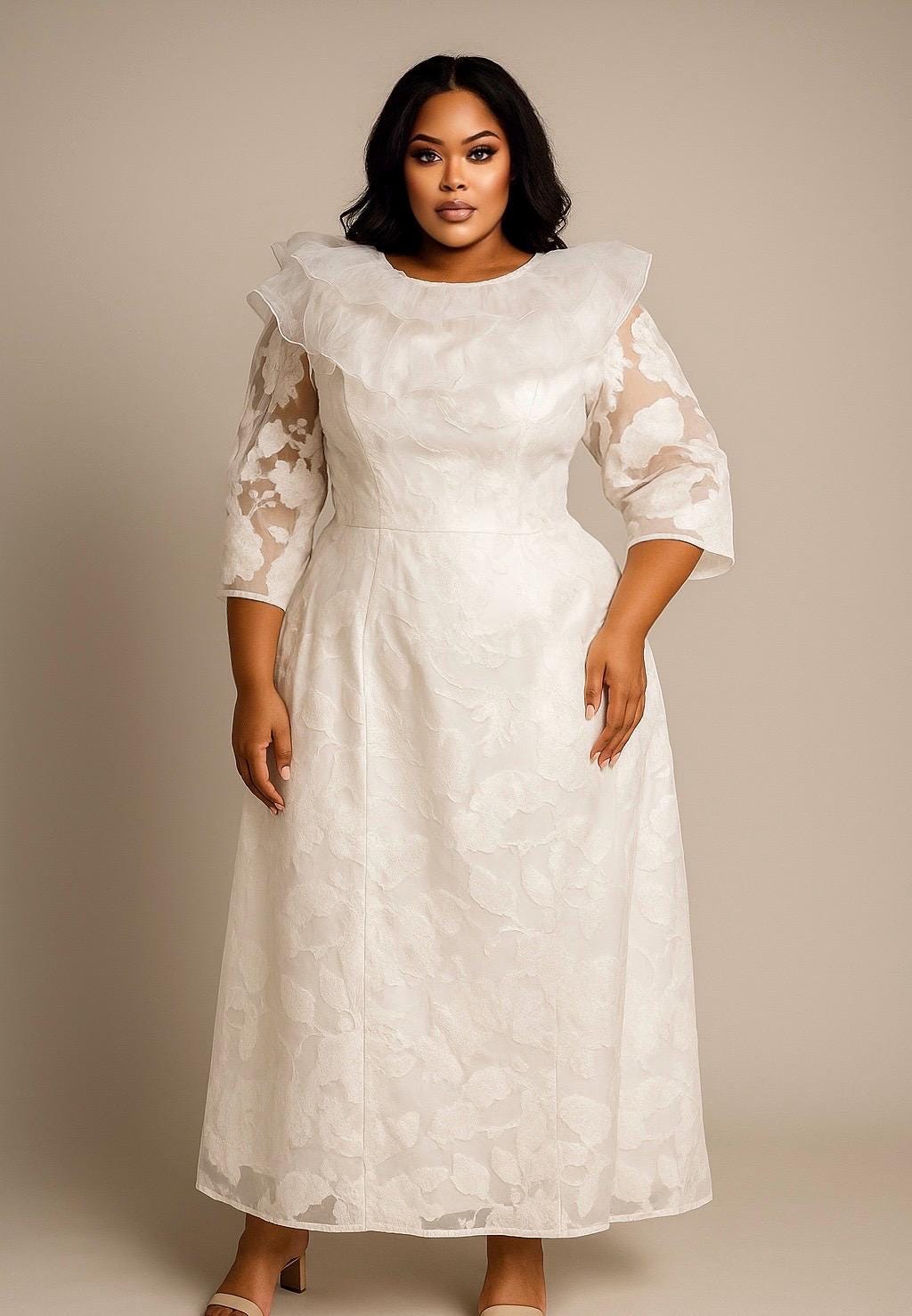 ÌRẸWÀ OYINBO Floral Jacquard Bridal & Ceremony Gown – Pure White (2X–3X) Plus Size Edition
