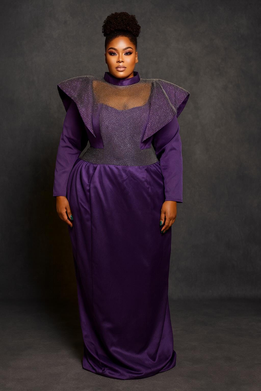ADEBÍYẸ Royal Brocade Gown – Majestic Purple with Metallic Net Overlay (2X–3X) Plus Size Edition