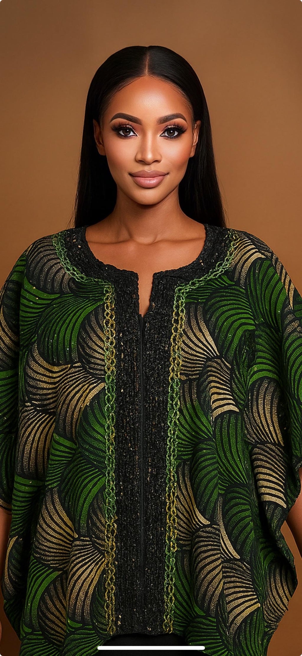 IMPERIALE “Awójú” Royal Sequin Panel Kimono Jacket (Green • Gold • Black) (L - 2X) — Awójú = “Highly Admired / One who is seen with honor.”