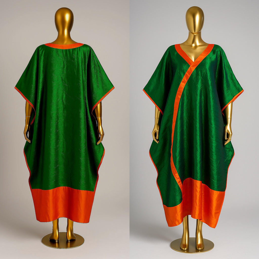 The Regal Empress – Green Brocade & Orange Mikado Bubu Kaftan