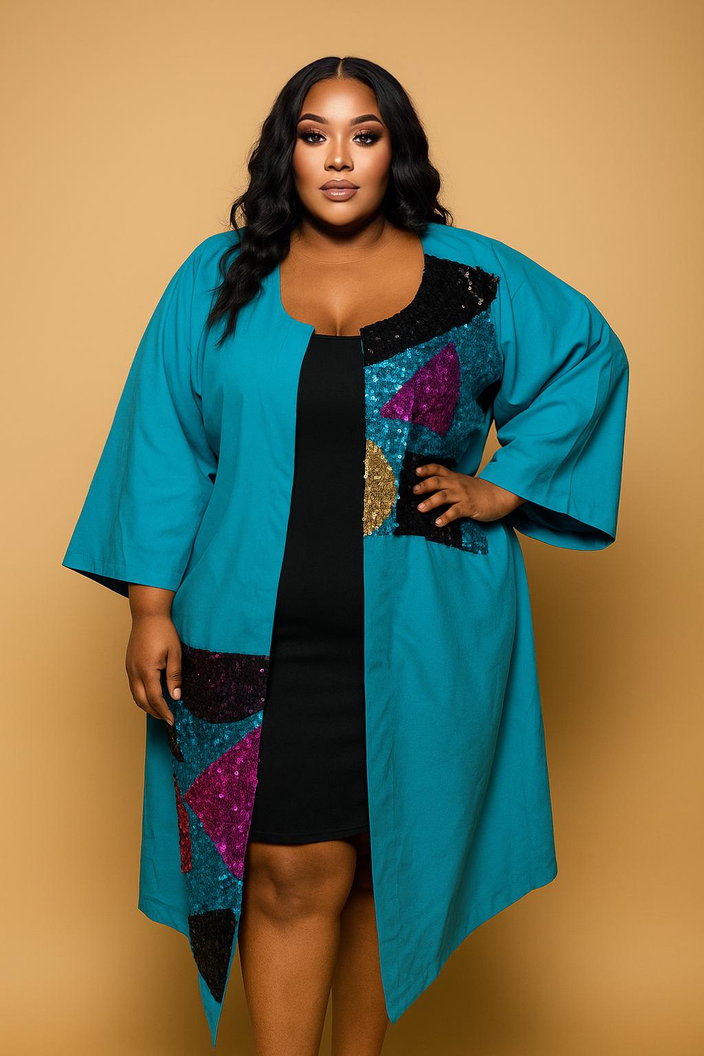 OLORI Sequin Patch Kimono – Teal Luxe Statement Coat (2X — 3X) Plus Size Edition
