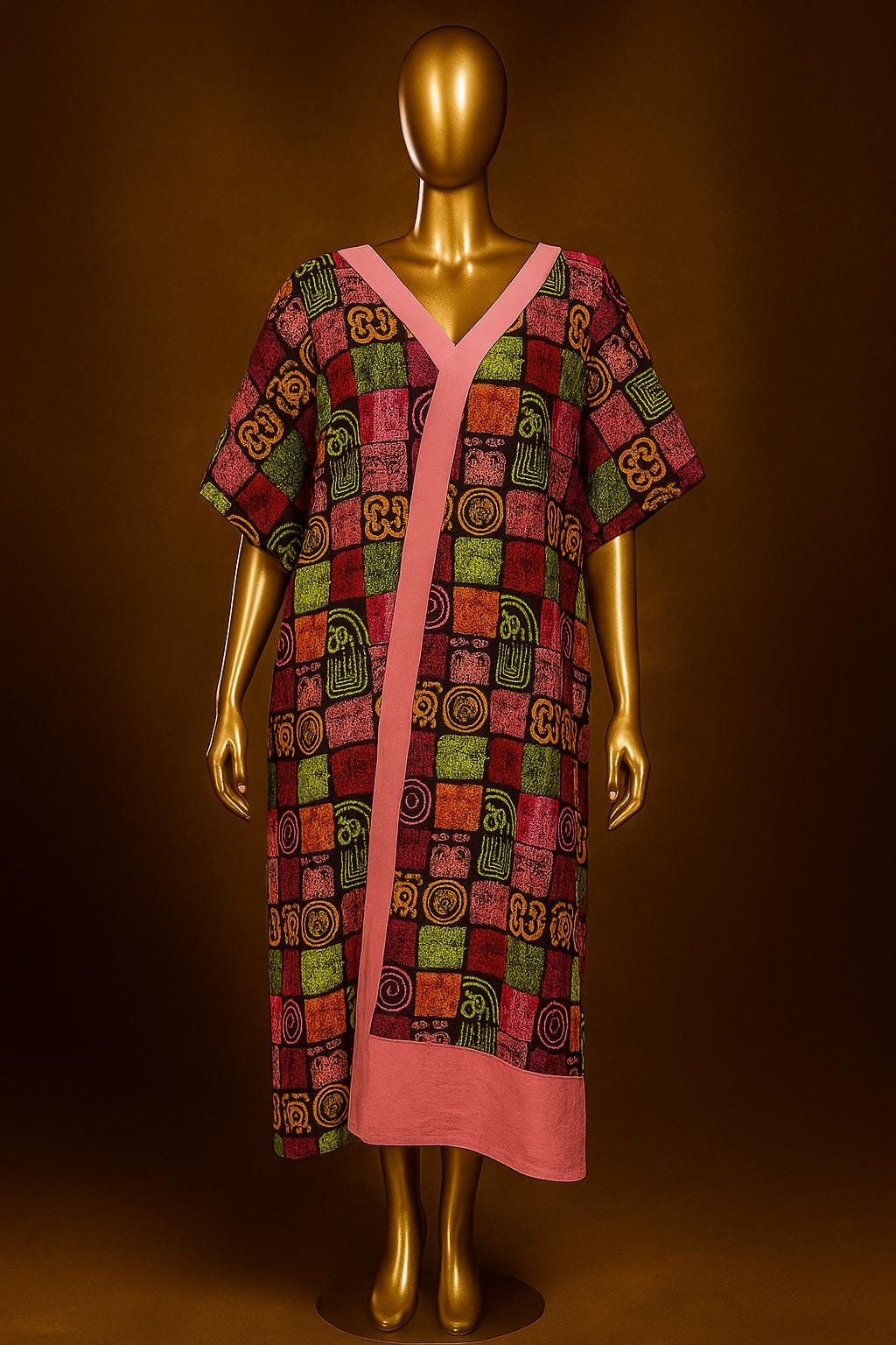 IMPERIALE “Àdùnní” Pink-Panel Tribal Patch Ankara Bubu Kaftan